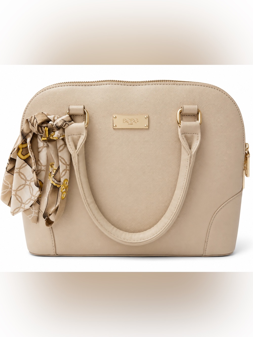 BCBG Beige Tote w/ Gold Hardware w/ Scarf twilly & long strap